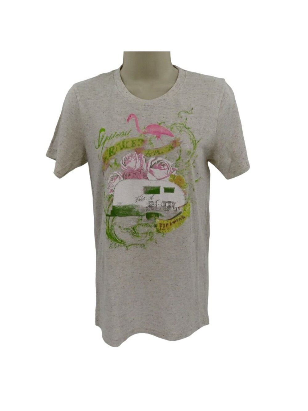 Junk Gypsy Womens Extra Small XS Trailer Park Roses Flamingo Graphic Tee T Shirt